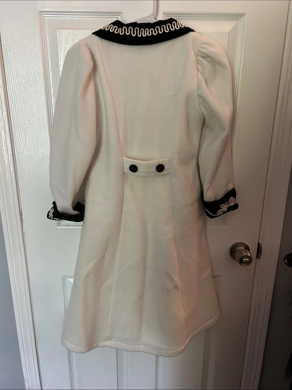 Girls Cream Pea Coat with Black Trim and Embroidered Collar